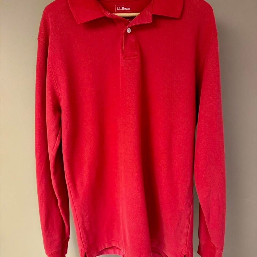 LL Bean Mens M Tall Red Long Sleeve Polo Shirt Cotton Casual Top